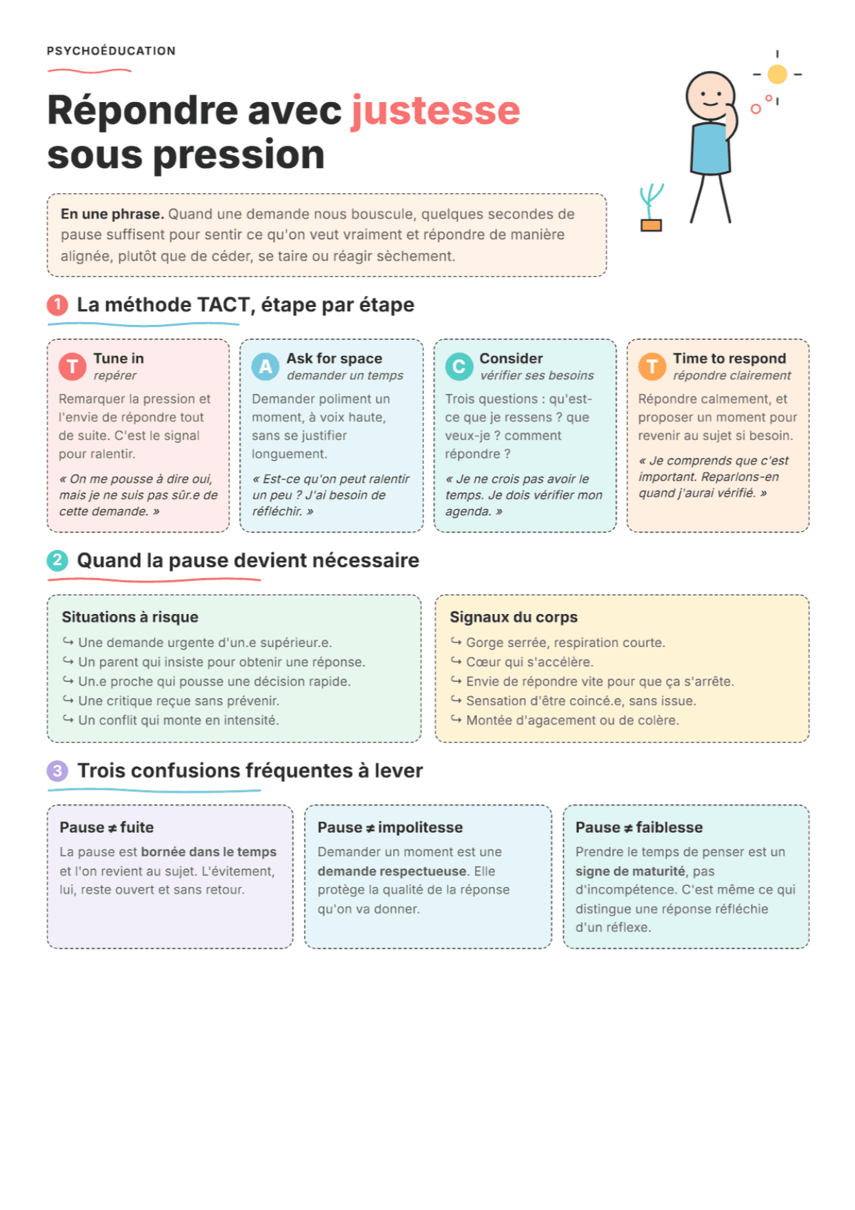 TACT : Utiliser les pauses avec assurance, fiche de travail PDF, outils et exercices