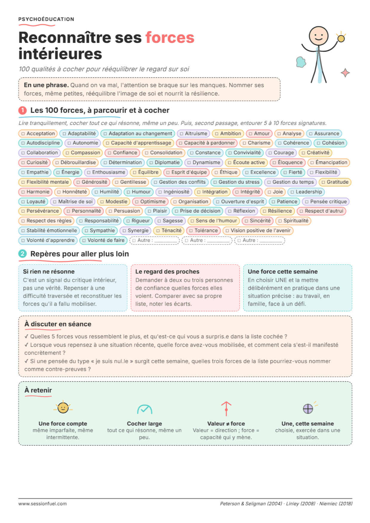 Liste de 100 forces et qualités : Fiche de travail PDF, outils et exercices