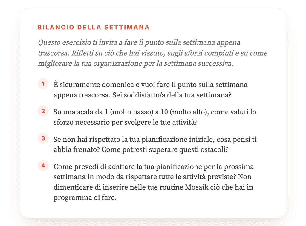 Bilancio della settimana: esercizio di attivazione comportamentale