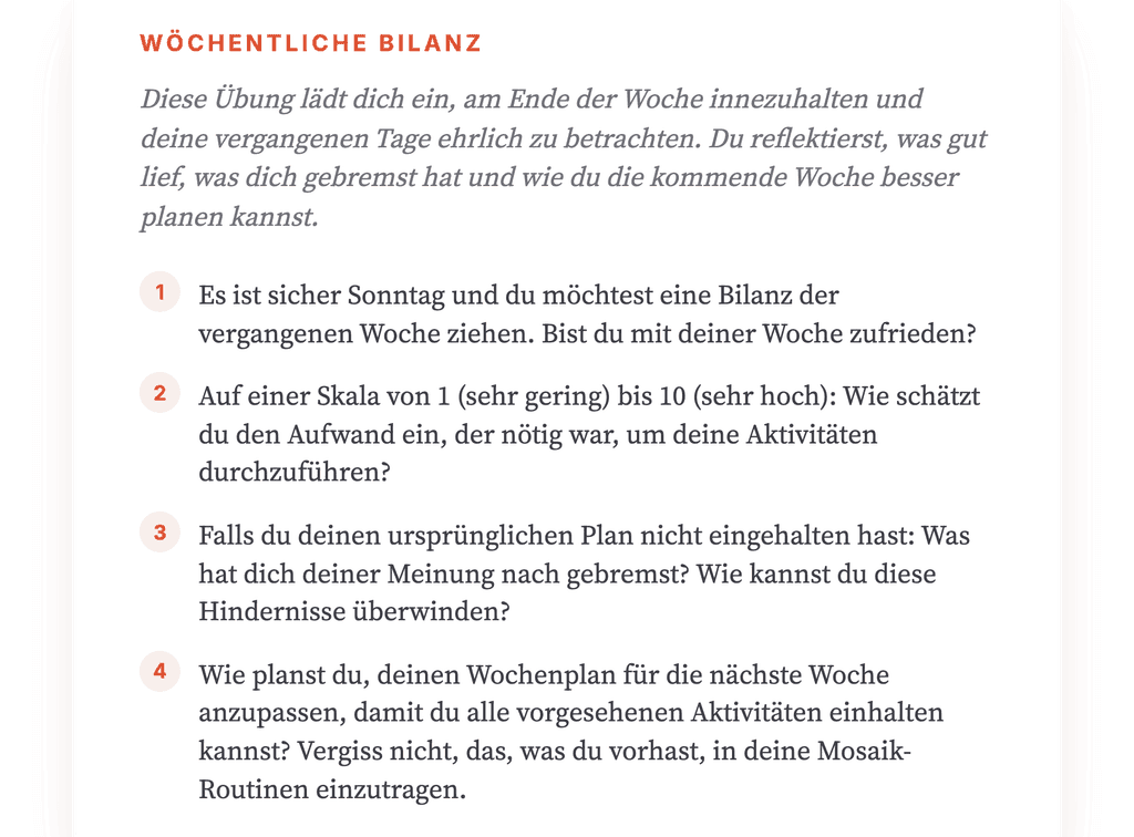 Wochenbilanz: Verhaltensaktivierung wöchentlich verankern
