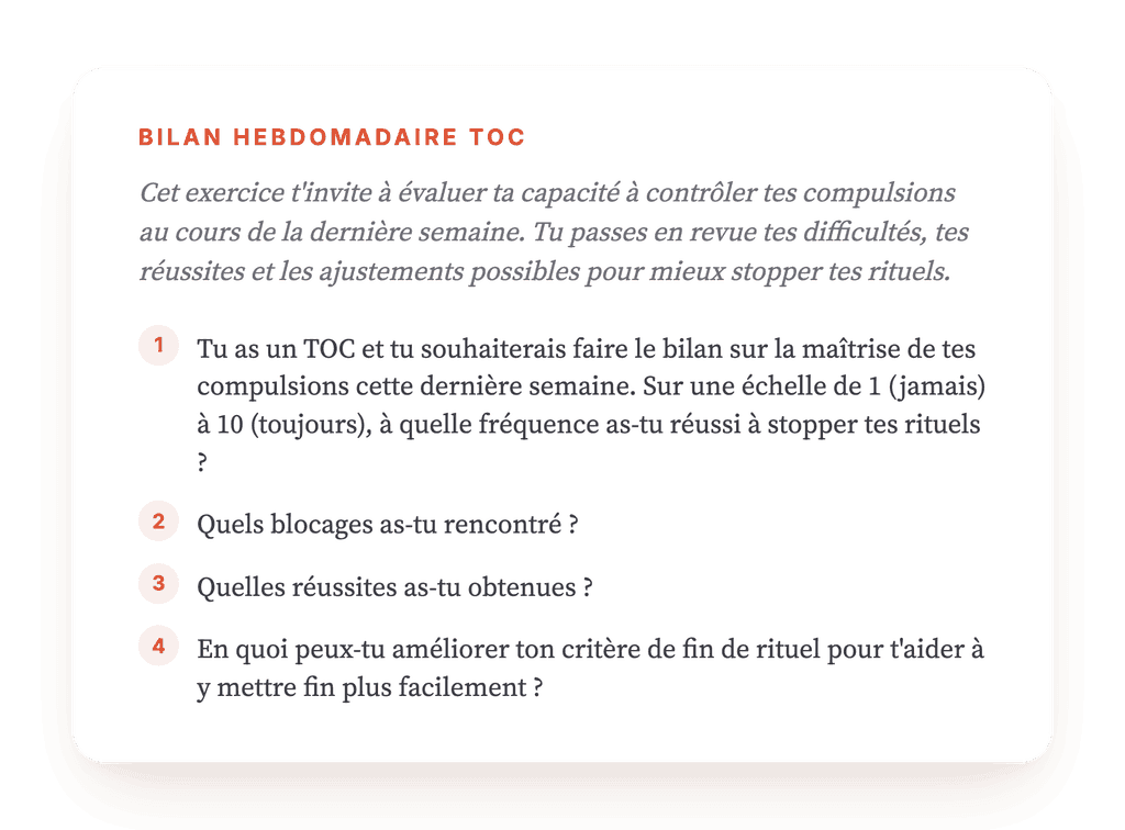 Bilan hebdomadaire des TOC : suivre la maîtrise des compulsions