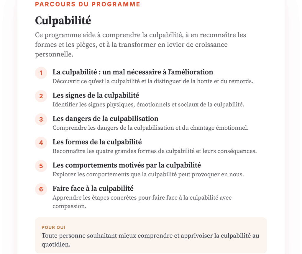 Culpabilité : programme de psychoéducation structuré en 6 leçons