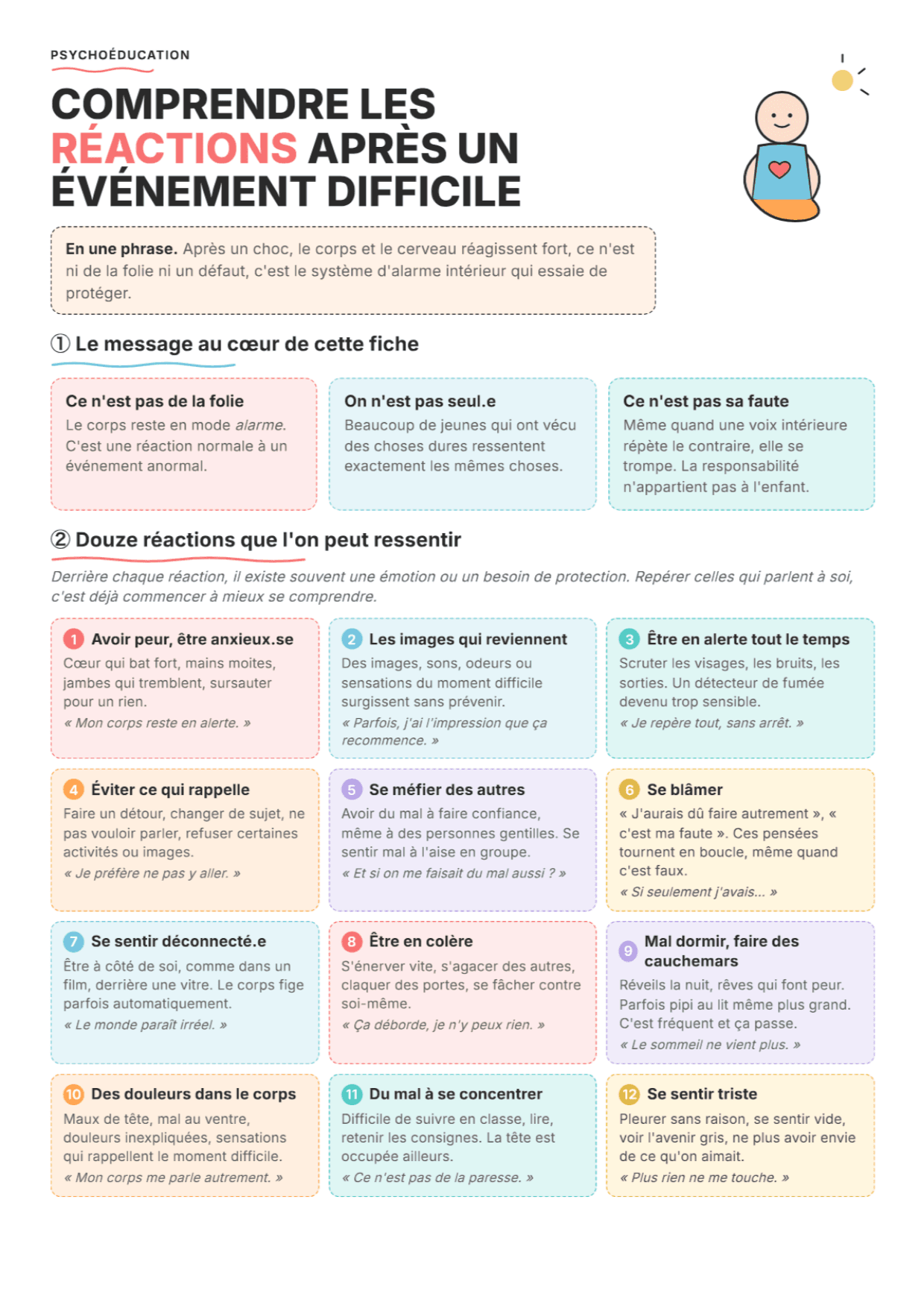 Réactions post-traumatiques chez l'enfant et l'ado : fiche PDF, outils et exercices