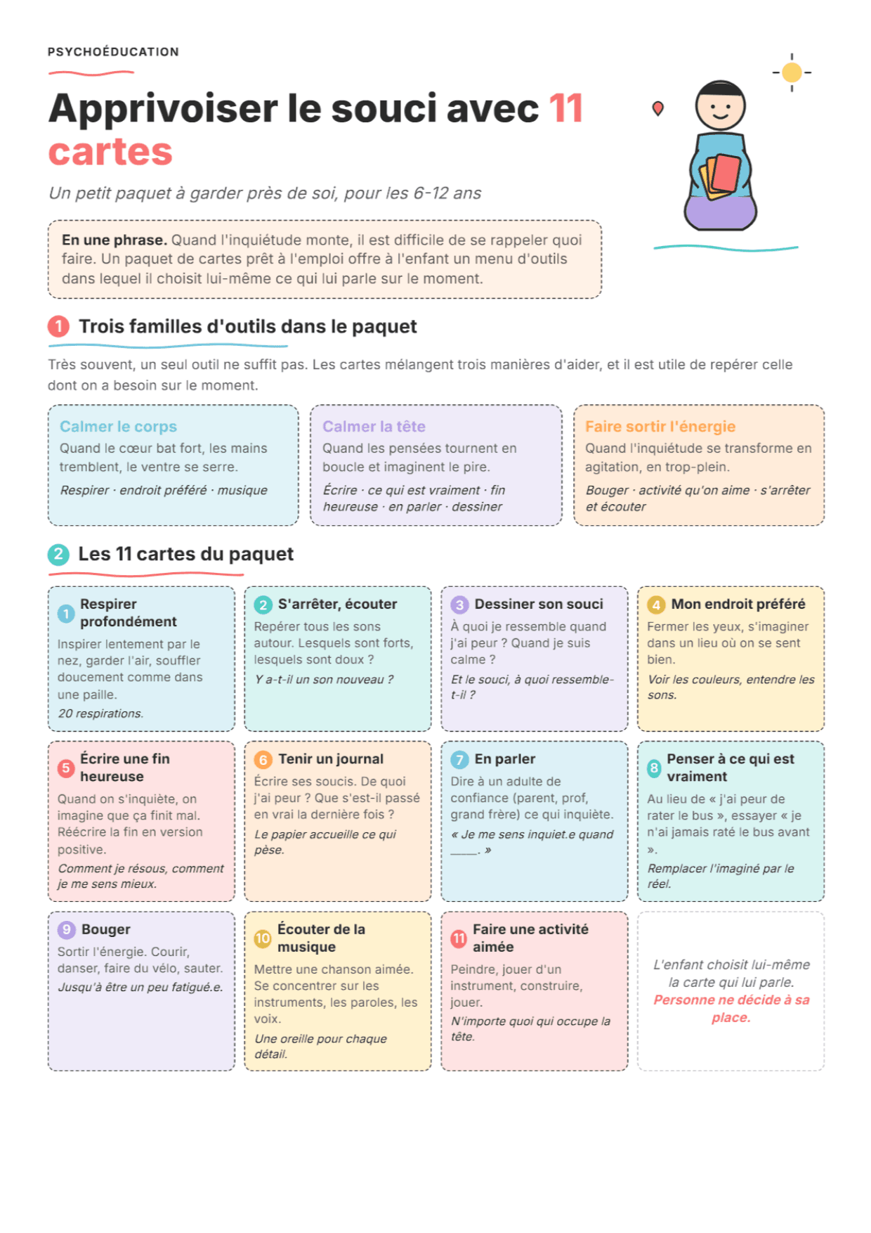 Cartes d'apprivoisement du souci chez l'enfant : fiche PDF, outils et exercices