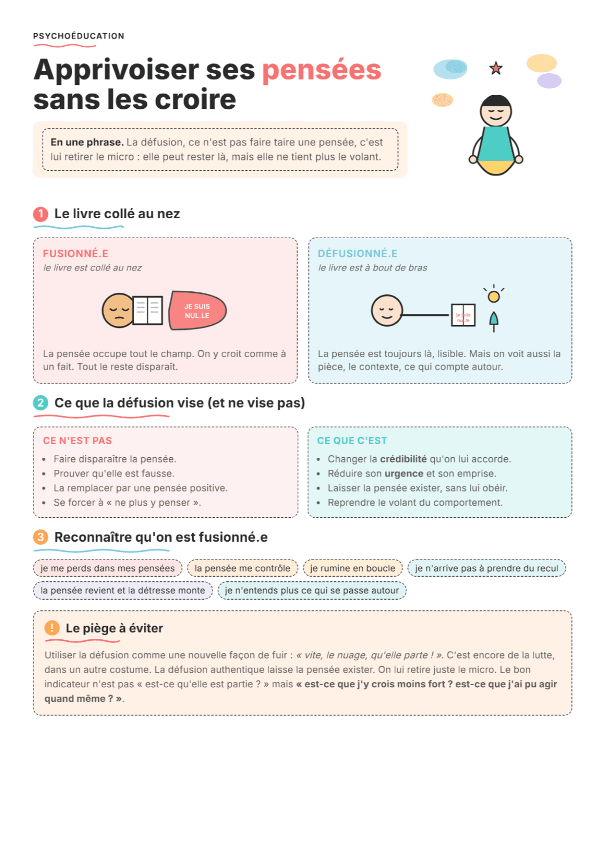 Défusion cognitive ACT : fiche PDF, outils et exercices pour la séance