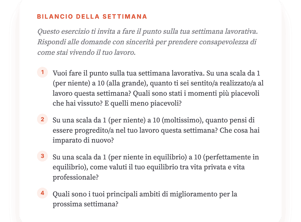 Faccio il punto sulla mia settimana lavorativa: esercizio