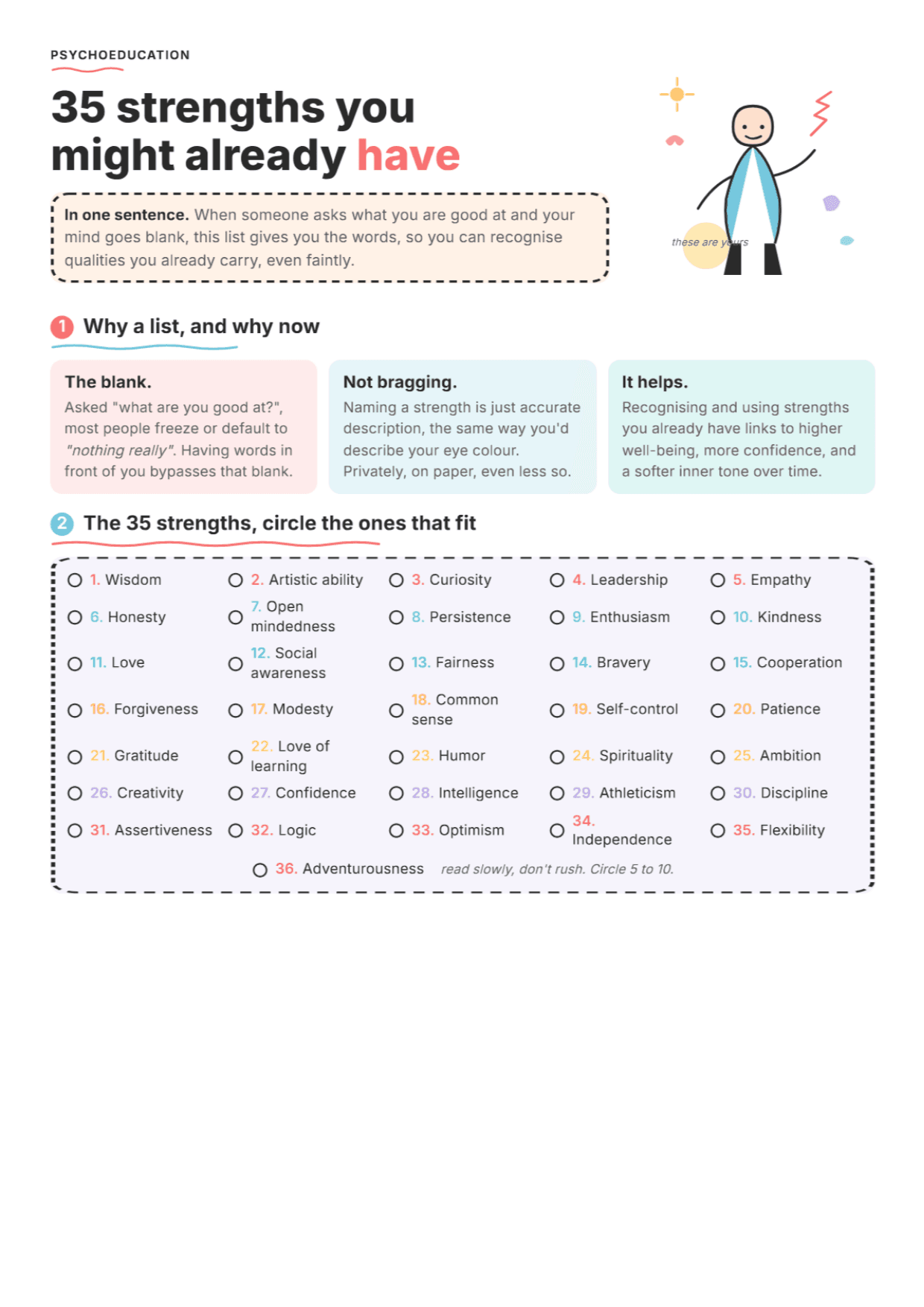 Strengths List: PDF Worksheet, Tools and Exercises for Clinical Practice
