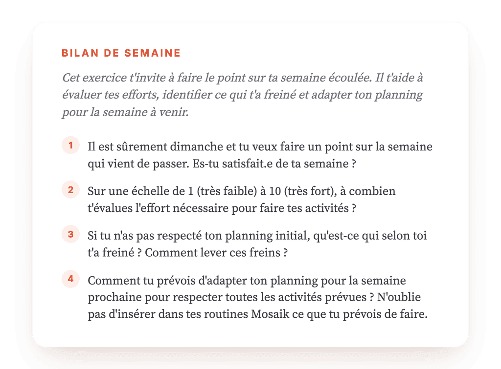 Bilan hebdomadaire des activités : évaluer et progresser