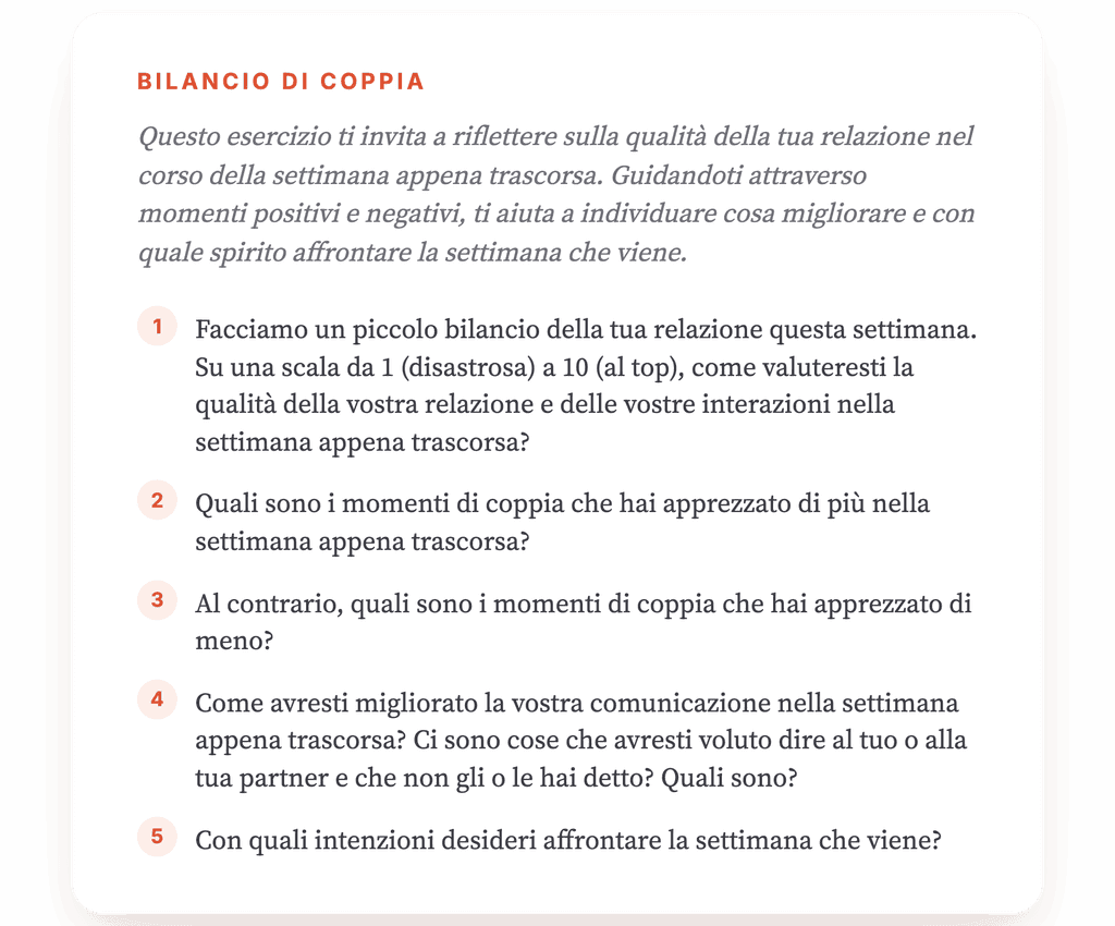 Bilancio settimanale di coppia: esercizio clinico guidato
