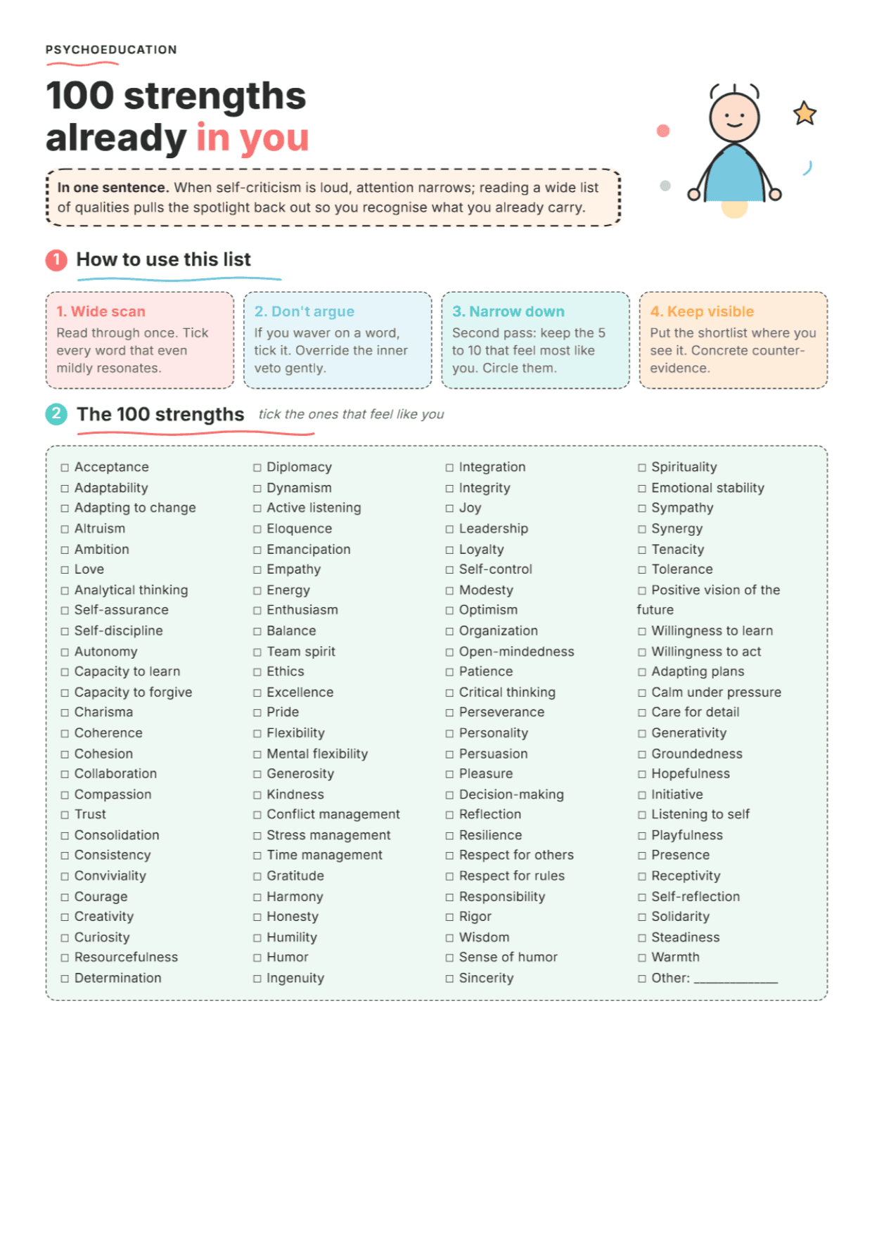 List of 100 Strengths and Qualities: PDF Worksheet, Tools and Exercises